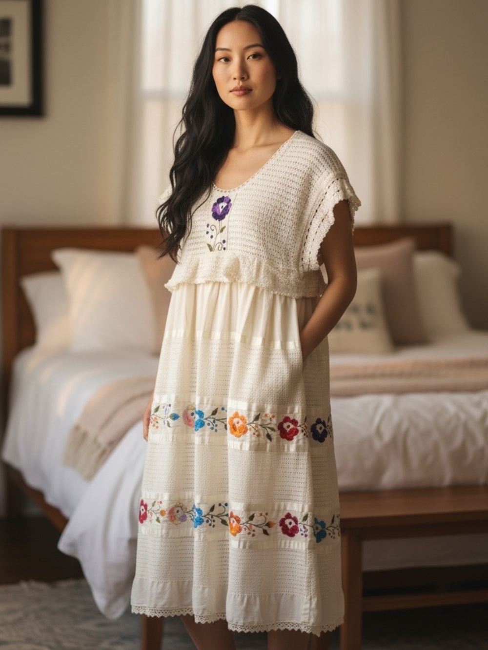 Womenβs Bohemian Cream Embroidered Floral Midi Dress L/XL
